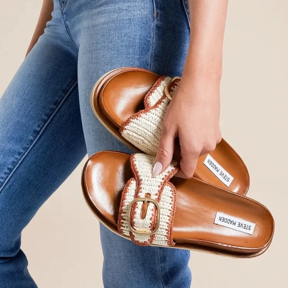 Steve Madden Tan Leather and Cream Woven Buckle Slide Sandals